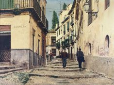 ‡ TOM BOWER (British 20th century) oil on canvas - Spanish street scene with figures, signed and