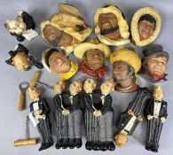 BOSSONS HAND PAINTED WALL PLAQUES (7) and seven resin James The Butler wine waiter figures
