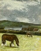 ‡ ROBERT JONES (British 20th century) pastel - ponies with farmhouse beyond, entitled verso 