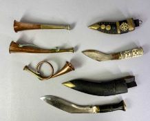 VINTAGE COLLECTABLES GROUP including three copper and brass hunting horns, Nepalese Kukhri knife