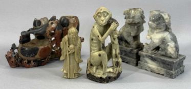 CHINESE SOAPSTONE CARVINGS GROUP, monkey and child, 17cms (h), Foo dogs a pair, 15cms (h),