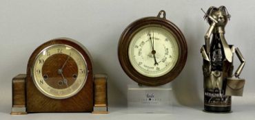 SESTREL OAK CASED ANAROID BAROMETER, 21cms (diam.), oak cased dome top mantel clock, 22cms (h) and