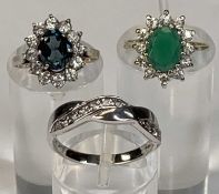 9CT YELLOW GOLD RING, set with cluster of central emerald surrounded by white stones, size J, 2.2gms