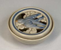 CLARICE CLIFF POTPOURRI cream and blue glazed, the cover pierced and moulded with a bluebird, blue