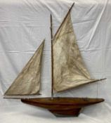 VINTAGE MAHOGANY POND YACHT with lead keel, fully rigged, 124 (h) x 112cms (l) with pine box