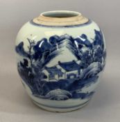 CHINESE BLUE & WHITE GINGER JAR, 19th century, decorated with continuous river scene, 22cms (h)