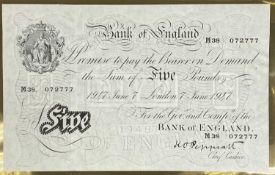 BANK OF ENGLAND FIVE POUND NOTE, 'White Fiver', June 7th 1947, M38072777, Chief Cashier KO (Kenneth)