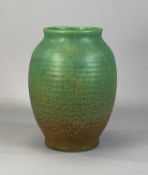 ROYAL LANCASTRIAN BALUSTER VASE, rust and green mottled glaze, impressed marks to base no. 157,