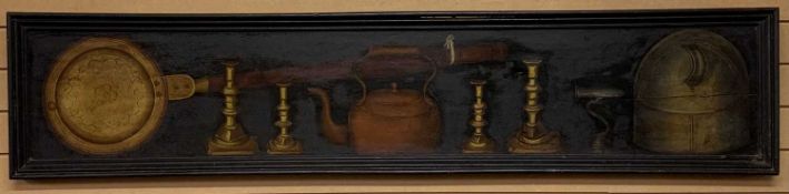 NAIVE STYLE oil on panel - still life kettle, candlesticks, goffering iron and warming pan, 29 x