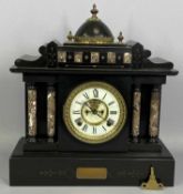 LARGE POLISHED BLACK SLATE MANTEL CLOCK with dome top, inset with mottled pink marble panels and