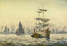 ‡ JOHN E. AITKEN (British 1891-1957) watercolour - sailing vessels and steam tug boat, entitled on