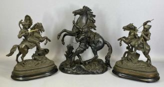 MARLEY BRONZE FIGURES a pair, knights on horseback on ebonised plinths, 43cms (h) and a large Marley