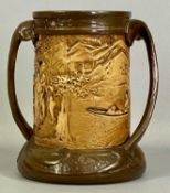 A BRETBY TWO HANDLED VASE of naturalistic form, the body moulded with oriental figures, impressed