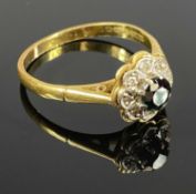 9CT GOLD CLUSTER RING, central sapphire surrounded by eleven small diamonds, size Q-R, 3.5gms