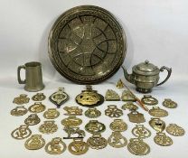 METALWARE including pewter, teapot and pint tankard, dated 1932, an Eastern metal charger with