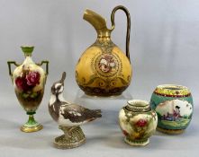 MIXED GROUP OF CERAMICS, Royal Worcester two handled vase of slender form, hand painted with