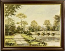 ‡ MIKE KNIGHT (20th century British) oil on board - river bridge with farm buildings beyond,