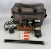 MINOLTA SRT 303 CAMERA & ACCESSORIES including bag, two flashes, vintage Bellows camera etc.