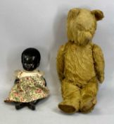 VINTAGE STRAW FILLED MOHAIR TEDDY BEAR with growler, 54cms (l) and a vintage baby doll with