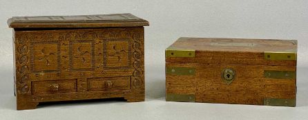 19TH CENTURY BRASS BOUND MAHOGANY TRINKET BOX, hinged cover with recessed brass handle, inscribed '