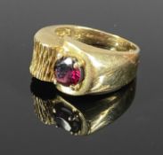 9CT GOLD GENTS ASYMMETRIC SIGNET RING, set with garnet, size U, 8.6gms Provenance: private