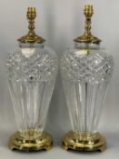 WATERFORD CRYSTAL 'BELLINE' PATTERN TABLE LAMPS a pair, of slender shouldered form, brass effect top