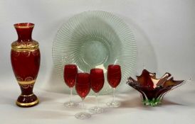 DECORATIVE GLASSWARE including four Royal Doulton wine goblets with red bowls and clear stems, red