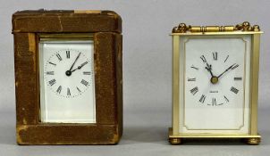 GILT BRASS CASE CARRIAGE CLOCK, white enamel dial with black Arabic numerals, in fitted travel