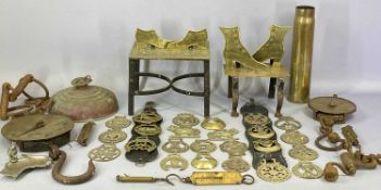 COLLECTION OF METALWARE, 19th century and later including two brass and steel trivets, brass shell