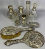 GROUP OF SILVER MOUNTED DRESSING TABLE ITEMS including globular cut glass scent bottles a pair, with