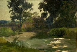 ‡ SUNDERLAND ROLLINSON (British 1872 - 1950) oil on board - river with trees, signed lower left,