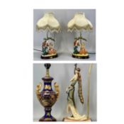 DECORATIVE LIGHTING GROUP including two figural table lamps, a Crosa collection with fringed shades,