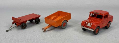 DINKY TOYS no. 341 LAND ROVER TRAILER, orange, red hubs, with tow hook, no. 429 trailer, red with