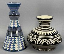 MOORLAND CHELSEA WORKS POTTERY VASES (2), abstract geometric pattern in blue, cream and silver