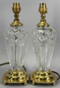 WATERFORD CRYSTAL 'BELLINE' PATTERN TABLE LAMPS, a smaller pair, slender shouldered form, brass
