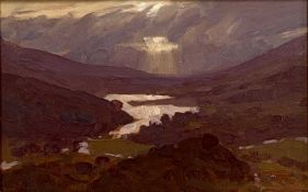 ‡ DAVID WOODFORD (Welsh b.1938) oil on board - shaft of light over Eryri lake, signed lower left,
