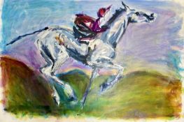 ‡ RACHEL LEWINGTON (Welsh) oil on canvas - racehorse and jockey, signed, 100 x 150cms Provenance: