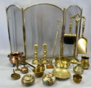 GROUP OF BRASS & METALWARE including candlesticks a pair, 22cms (h), mesh spark guard, 66cms (h),