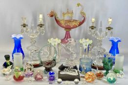 GROUP OF DECORATIVE GLASSWARE including a Murano type pink clear and yellow glass dragon boat