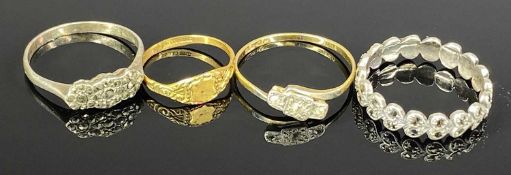 18CT GOLD CROSSOVER RING, size U, 1.7gms, rolled gold ring and two marcasite set silver rings