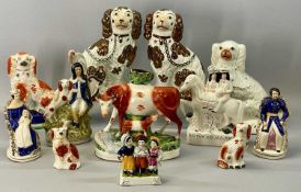 STAFFORDSHIRE ORNAMENTS, A GROUP, 19th century and later including a cow and calf spill holder,
