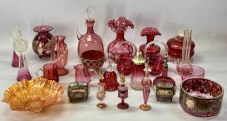 COLLECTION OF RUBY & COLOURED GLASSWARE including claret jug with stopper, vases with crimped