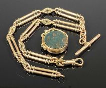 9CT ROSE GOLD TROMBONE & LOVER'S KNOT LINK ALBERT CHAIN with T bar and clip, bloodstone swivel