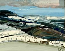 SARAH CARVELL (Contemporary) oil on canvas - entitled verso 'Bylchau, View of the Clwydians',