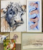 VARIOUS ARTISTS: SUE HODGKINSON three oils on canvas - owl, lamb and robin, 20 x 20cms, SYLVIA EVANS