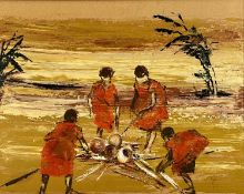 ‡ JADE TRIPP (Papua New Guinea 20th century) oil on board - entitled verso 'Beach Potters', signed
