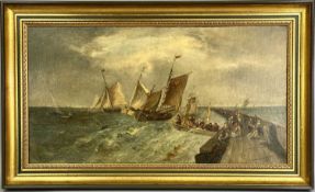 19TH CENTURY BRITISH MARINE SCHOOL oil on canvas - figures boarding sailing boats from jetty in