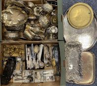 LARGE GROUP OF METALWARE & PLATED ITEMS including oval galleried tea tray, engraved to the centre,