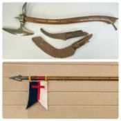 REPRODUCTION PRUSSIAN SWORD with wooden handle, 86cms (l), reproduction spear with wooden shaft,