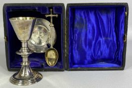 VICTORIAN LEATHER CASED SILVER COMMUNION SET, CHALICE & DISH, London 1898, Jones & Willis, with a